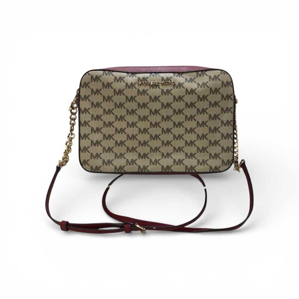 Michael Kors Signature Crossbody Bag Brown MK Logo Burgundy Trim Gold Chain